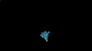 A demo gif of the custom renderer. The renderer is drawing a spaceship that is flying, turning, and shooting lasers. The renderer switches to a shader that modulates the x coordinates of quads with a wave equation.